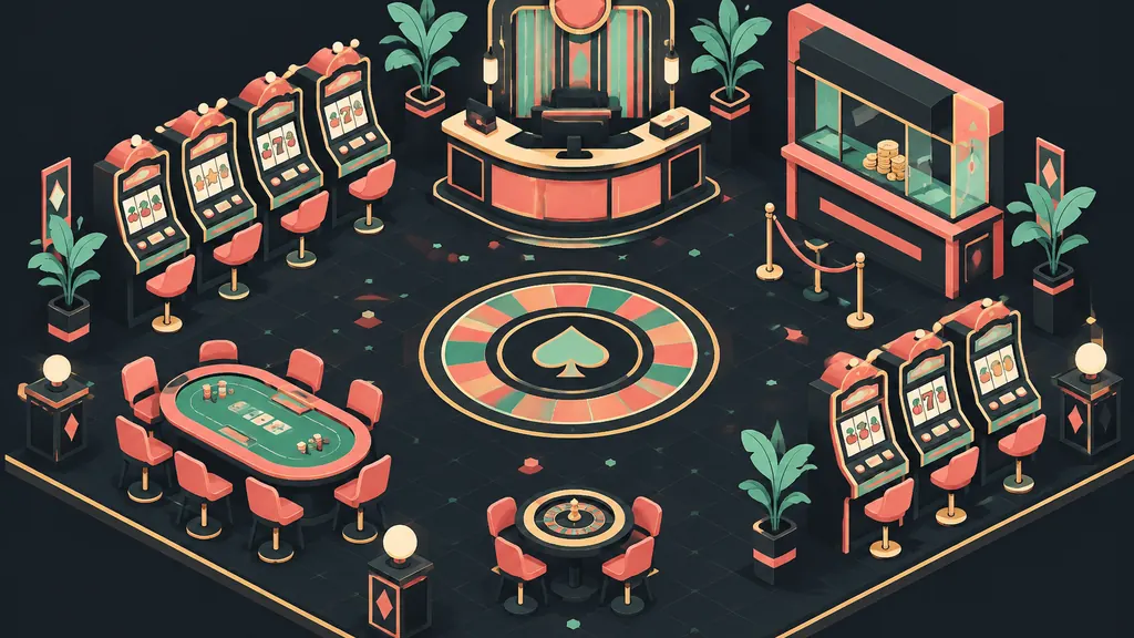 Isometric casino lobby scene with machines and service desks