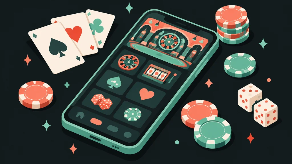 Flat isometric scene of mobile casino play with phone and chips